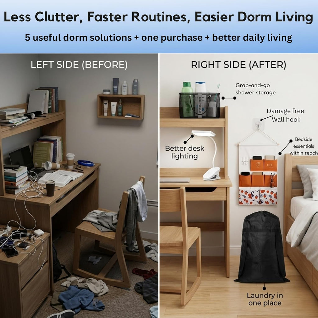Dorm Room Essentials Set, 5-Piece College Dorm Essentials Kit for Girls & Guys, Laundry Backpack Hamper, Shower Caddy, Bedside Organizer, LED Light, Removable Wall Hooks