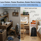 Dorm Room Essentials Set, 5-Piece College Dorm Essentials Kit for Girls & Guys, Laundry Backpack Hamper, Shower Caddy, Bedside Organizer, LED Light, Removable Wall Hooks
