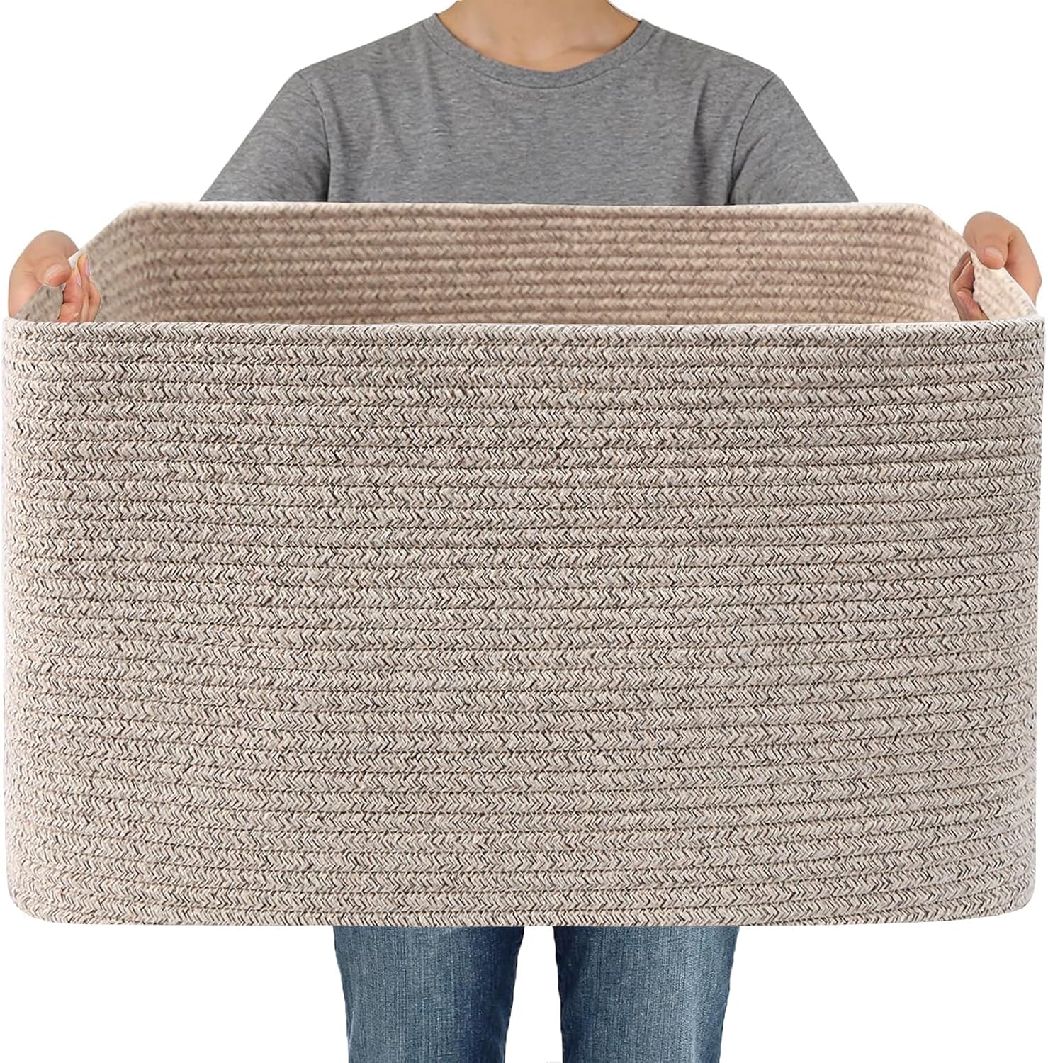JMvicyroam Woven Blanket Basket,65L Large Storage Bin for Blankets Toys Clothes,Decorative Rope Basket for Living Room Bedroom with Handles, Oatmeal