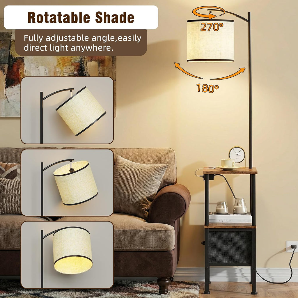 HIGDBFE End Table with Light Set of 2, Side Table with Charging Station & USB Ports, Nightstand with Fabric Drawer, Coffee Table with 3 Color Temperatures Light for Living Room, Rustic Brown, 14.9" W