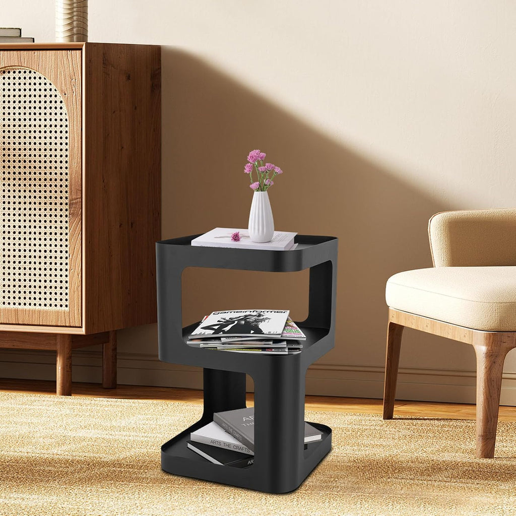 3 Tier Side Table, Black Carbon Steel End Table, Freestanding Modern Bedside Table for Living Room, Bedroom, Office, Sofa Side and Small Spaces