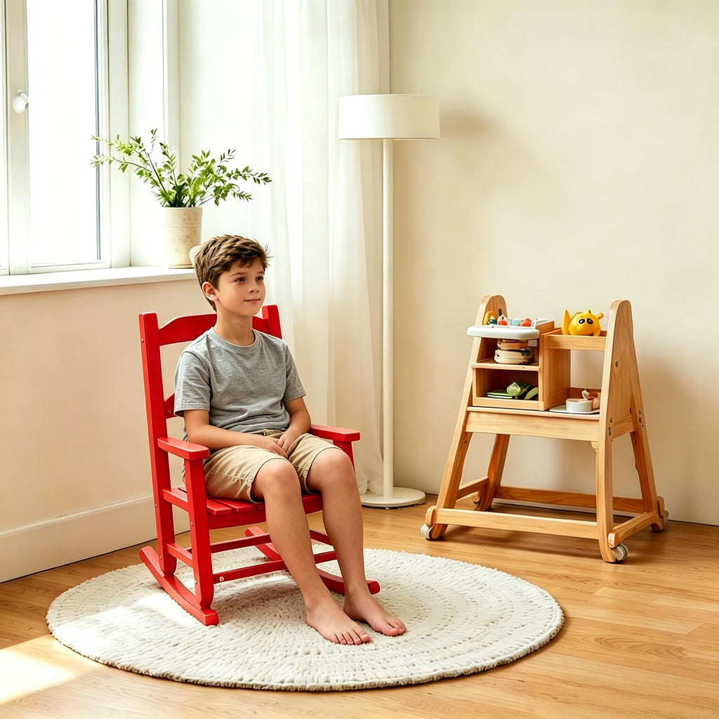 Toddler Rocking Chair Kids Child Wooden Small Baby Comfy Rocker Chairs Furniture for Nursery Bedroom Livingroom Outdoor Reading Room, Ages 3-6, Anti-Tip Design Safe & Sturdy Red