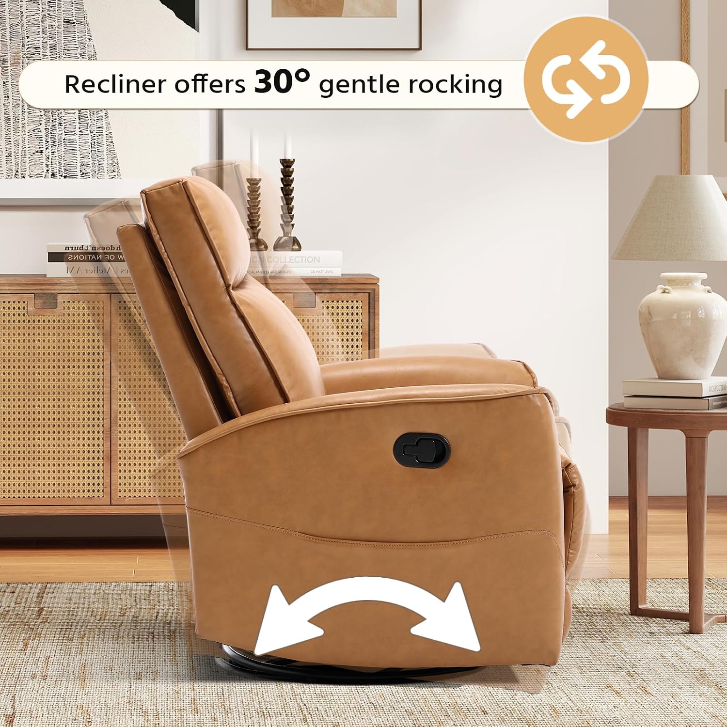 HAOMARKETS Swivel Rocker Recliner Chair, Manual Faux Leather Glider Rocking Recliners for Adults, 360° Swivel Nursery Reclining Sofa with Storage Pocket