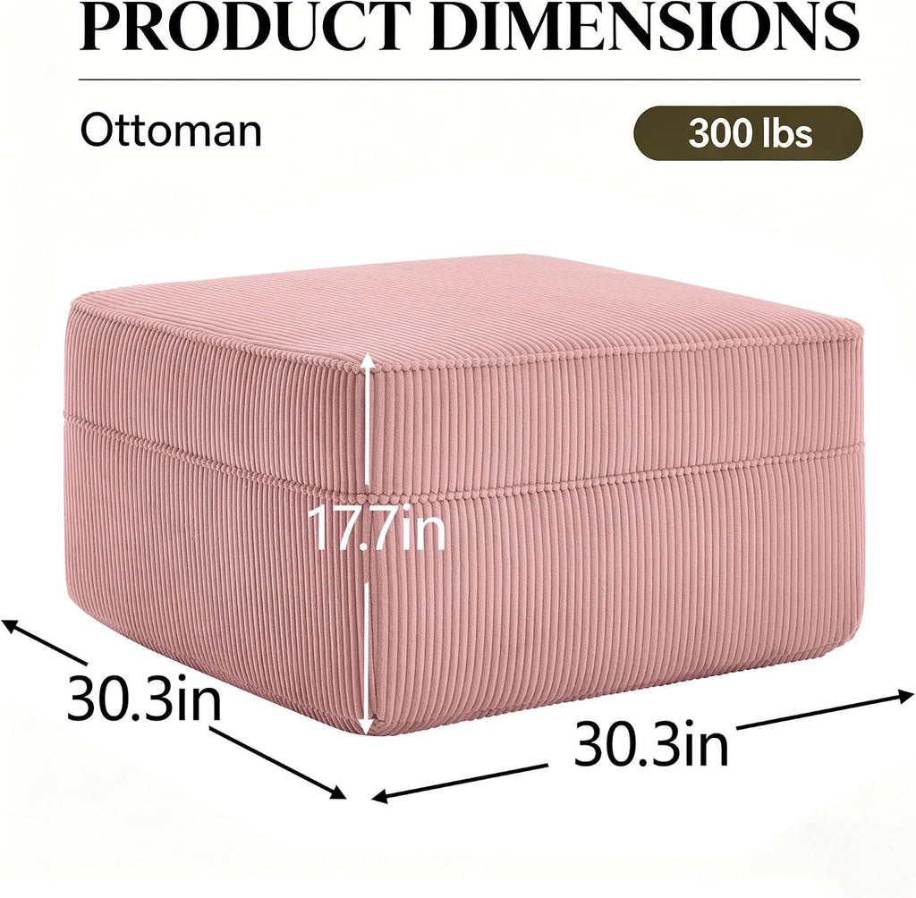 Corduroy Ottoman 30.3 Inch - No Assembly Needed Foot Rest Stool, Plush Sag-Free Cloud Boneless Ottoman for Living/Bedroom (Pink)