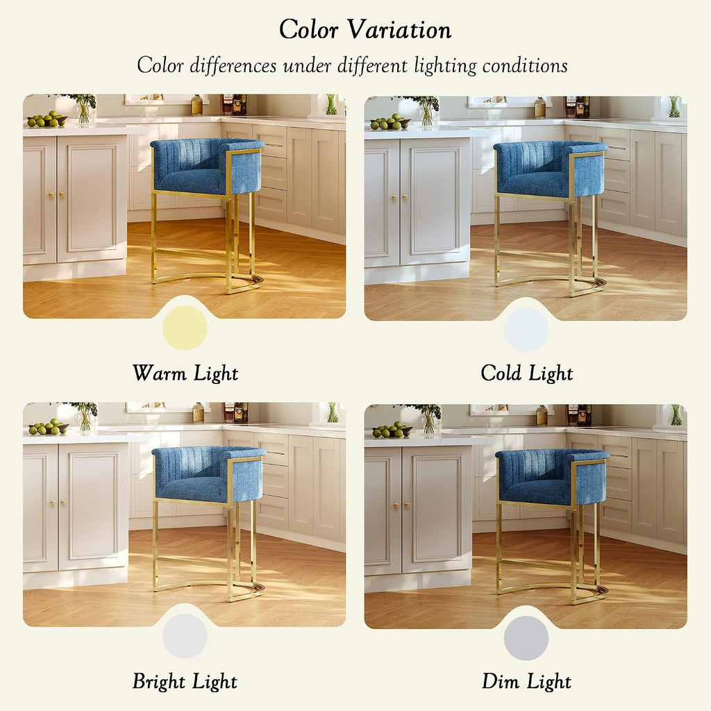 26" H Counter Height Bar Stools Set of 3, Modern Barrel Counter Stools with Backrest, Linen Upholstered Barstools for Kitchen Island, Gold Frame, Support 450 LBS (Blue)
