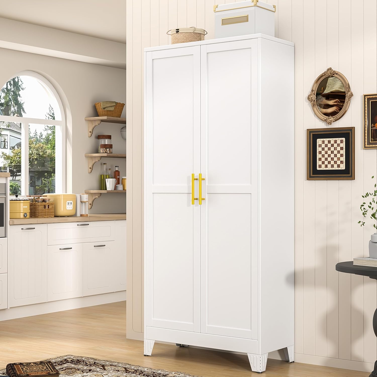71" Tall Metal Pantry Storage Cabinet with Doors and 4 Adjustable Shelves, Freestanding White Cupboard for Kitchen, Dining Room or Living Room