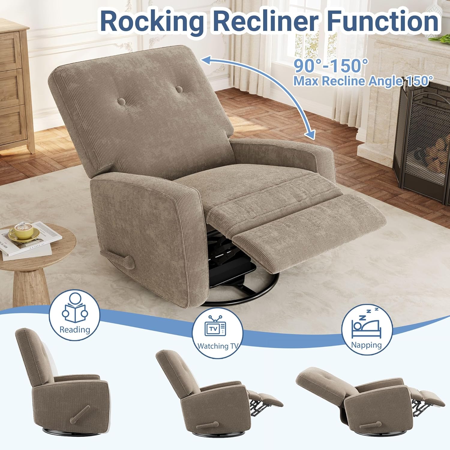 Garvee Nursery Recliner Chair, 360° Swivel Rocking Glider Chair for Adults with Adjustable Backrest & Footrest, Cozy Corduroy Upholstered Armchair for Living Rooms, Bedrooms, Apartments, Light Brown