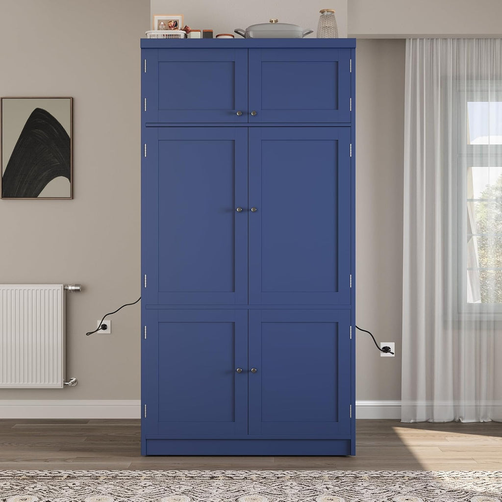 80.1'' Tall Freestanding Kitchen Pantry,Large Shake Style Storage Cabinet Cupboard with 2 Power Outlets,Adjustable Shelves and Door Shelves,for Dining Room (Blue/Power)