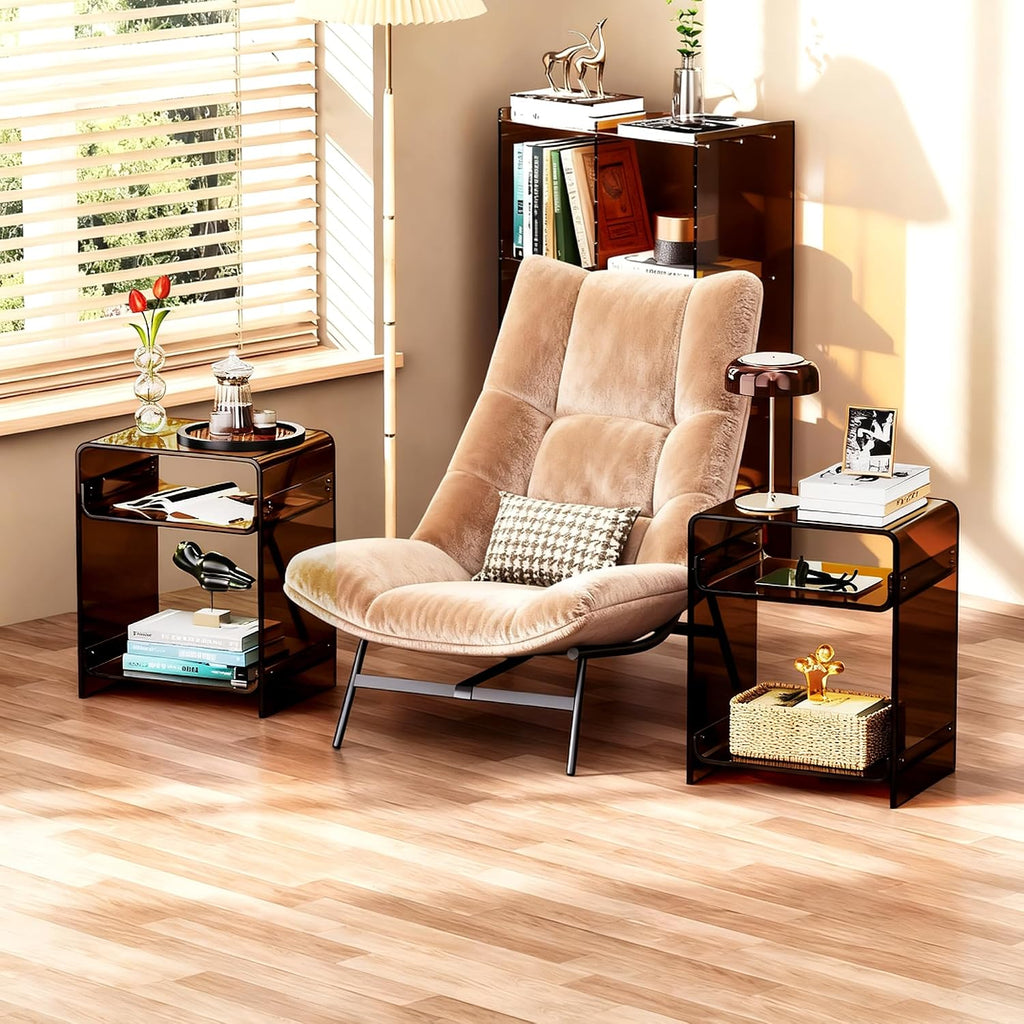 Acrylic End Table Record Player Table with Storage Shelf Clear Side Table Nightstand (Dark Brown Set of 2)