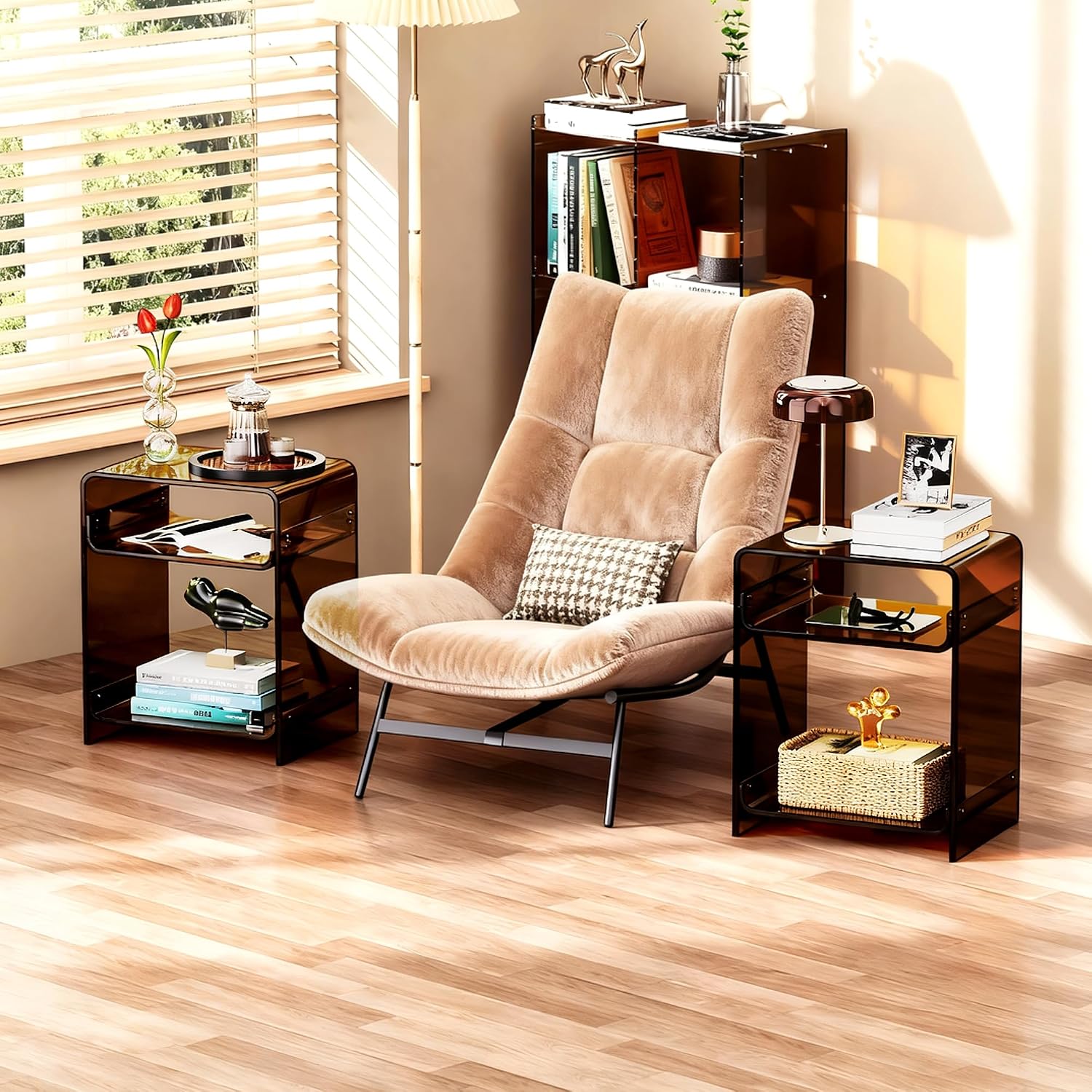 Acrylic End Table Record Player Table with Storage Shelf Clear Side Table Nightstand (Dark Brown Set of 2)