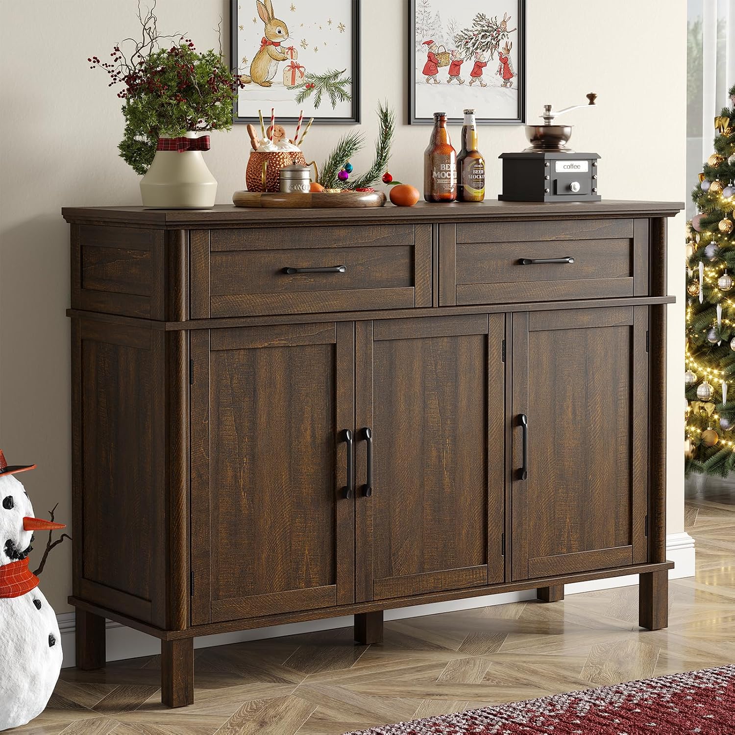 48 Inch Sideboard Buffet Cabinet with Storage, Farmhouse Coffee Bar Cabinet with 4 Drawers, Adjustable Shelves, Wood Sideboard Credenza for Kitchen, Living Room, Entryway, Brown