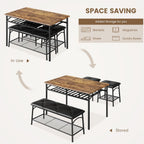 Dining Table Set for 4, Kitchen Table Set with 2 Chairs and 1 Bench, Modern Metal Frame Dining Furniture Set with Storage Rack for Small Space, Apartment, Restaurant