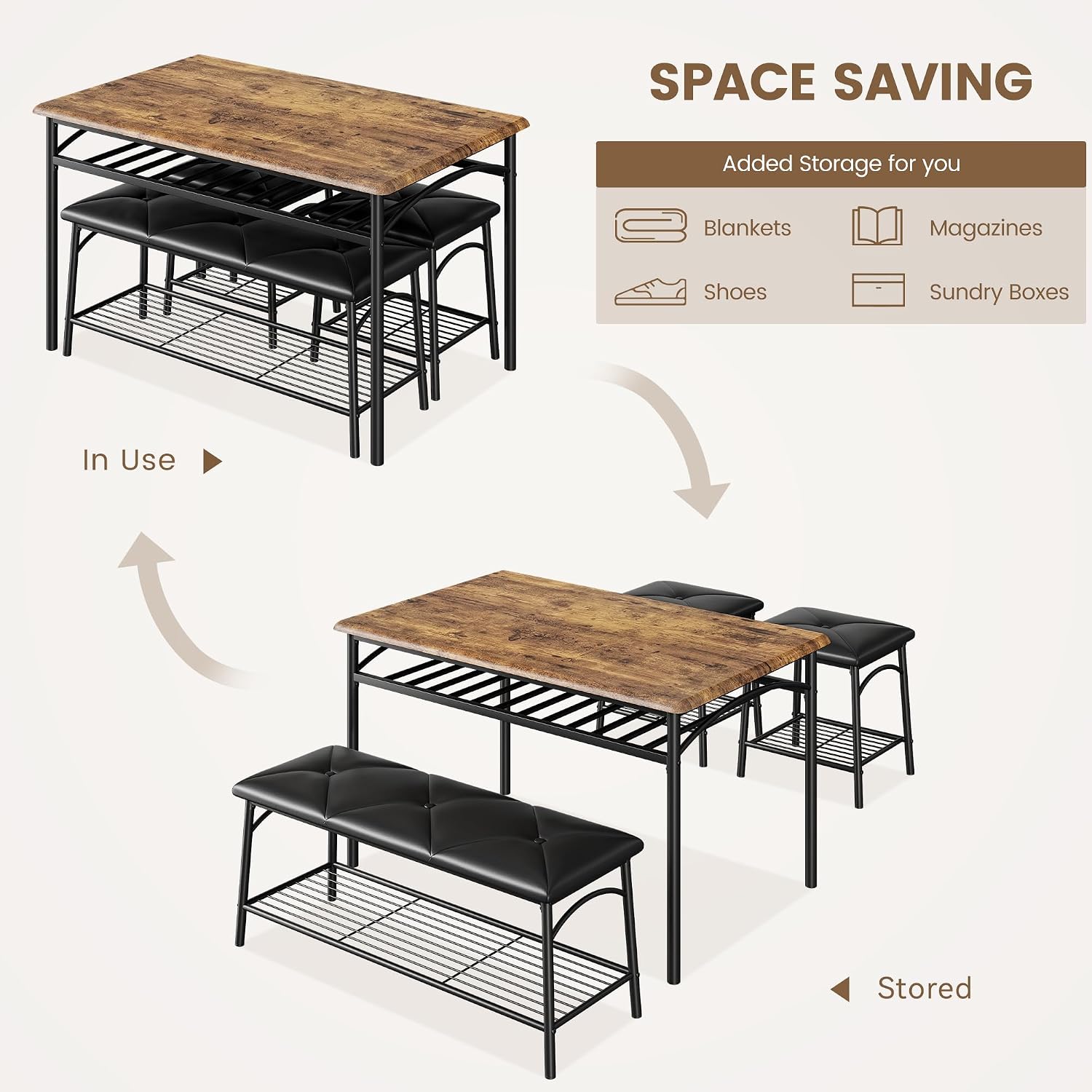 Dining Table Set for 4, Kitchen Table Set with 2 Chairs and 1 Bench, Modern Metal Frame Dining Furniture Set with Storage Rack for Small Space, Apartment, Restaurant