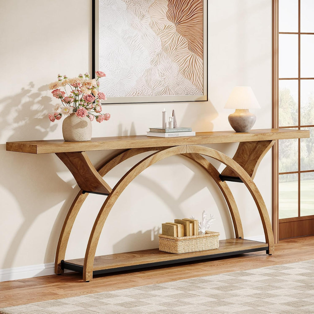 Tribesigns 70.87" Console Table, Industrial Sofa Table Behind Couch with 2 Tiers of Storage Shelves for Living Room, Hallway, Entrance, Foyer (Light Brown)