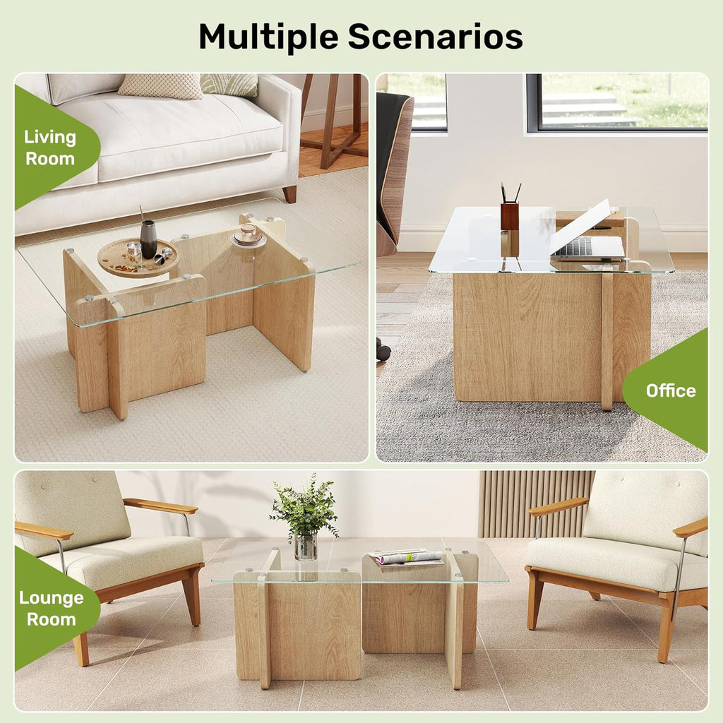 Miereirl Modern Glass Coffee Table, Rectangle Coffee Table Glass Top with Sturdy Wooden Base, Small Glass Wood Coffee Table for Living Room, Apartment, Office, Easy Assembly (Natural)