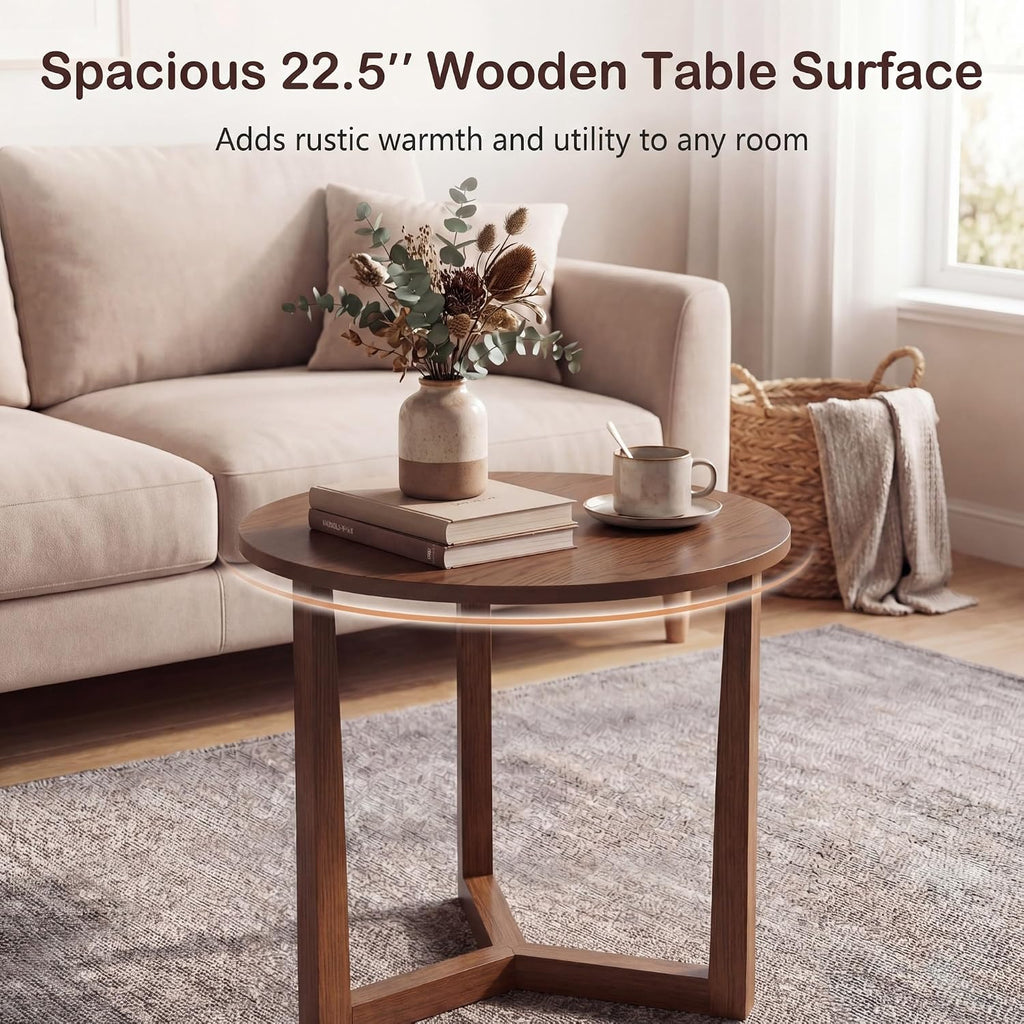 Tangkula Farmhouse Side Table, 22.5” Round End Table with Solid Rubber Wood Legs, Compact Nightstand Bedside Table for Small Spaces, Accent Table for Living Room Bedroom (Walnut,1)