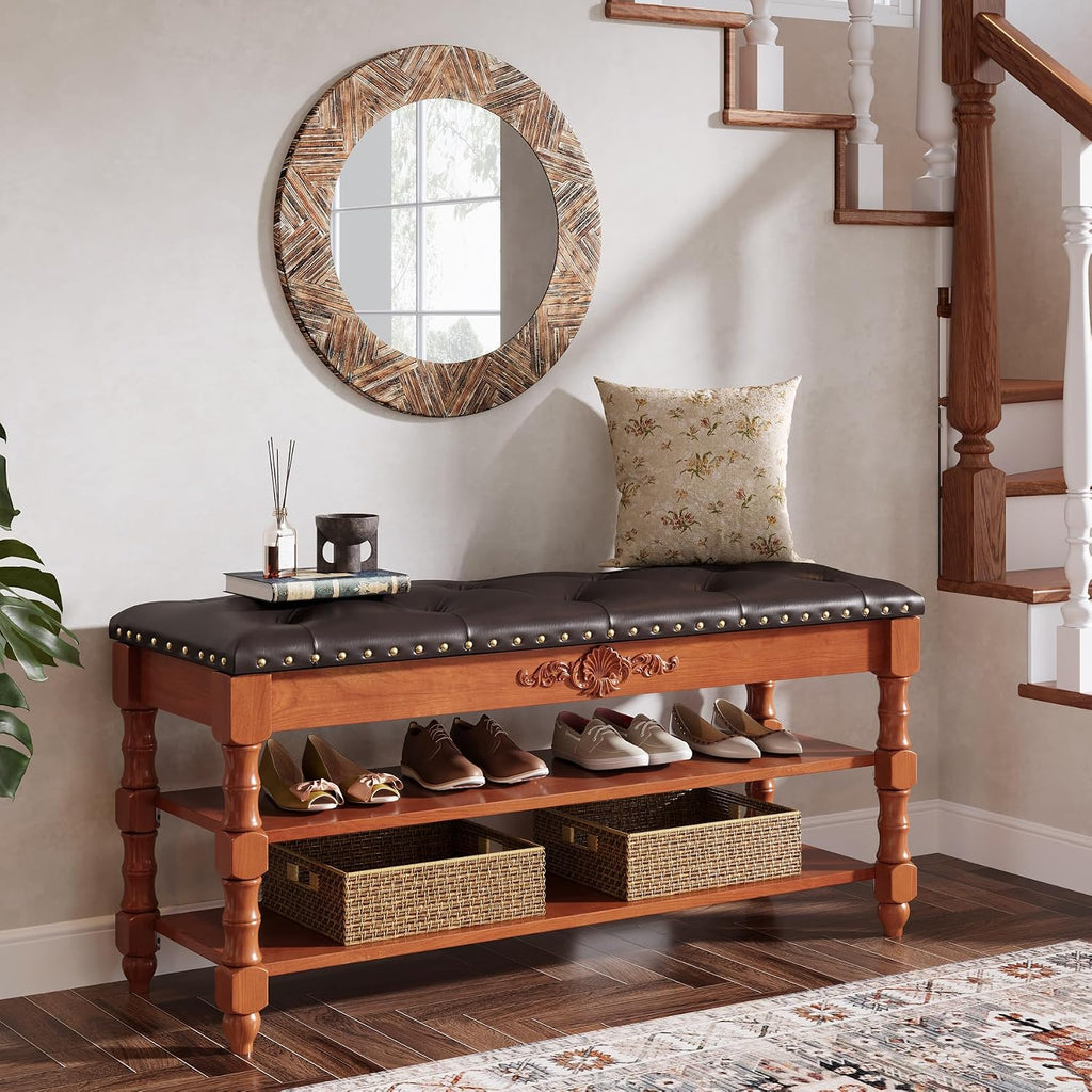 Tribesigns Solid Wood Shoe Bench with Cushion 2 Tier Lift Top, Storge Shoe Bench with Rack for Entryway, 8-10 Pair Shoe Organizer with Hidden Compartment for Hallway, Bedroom, Living Room