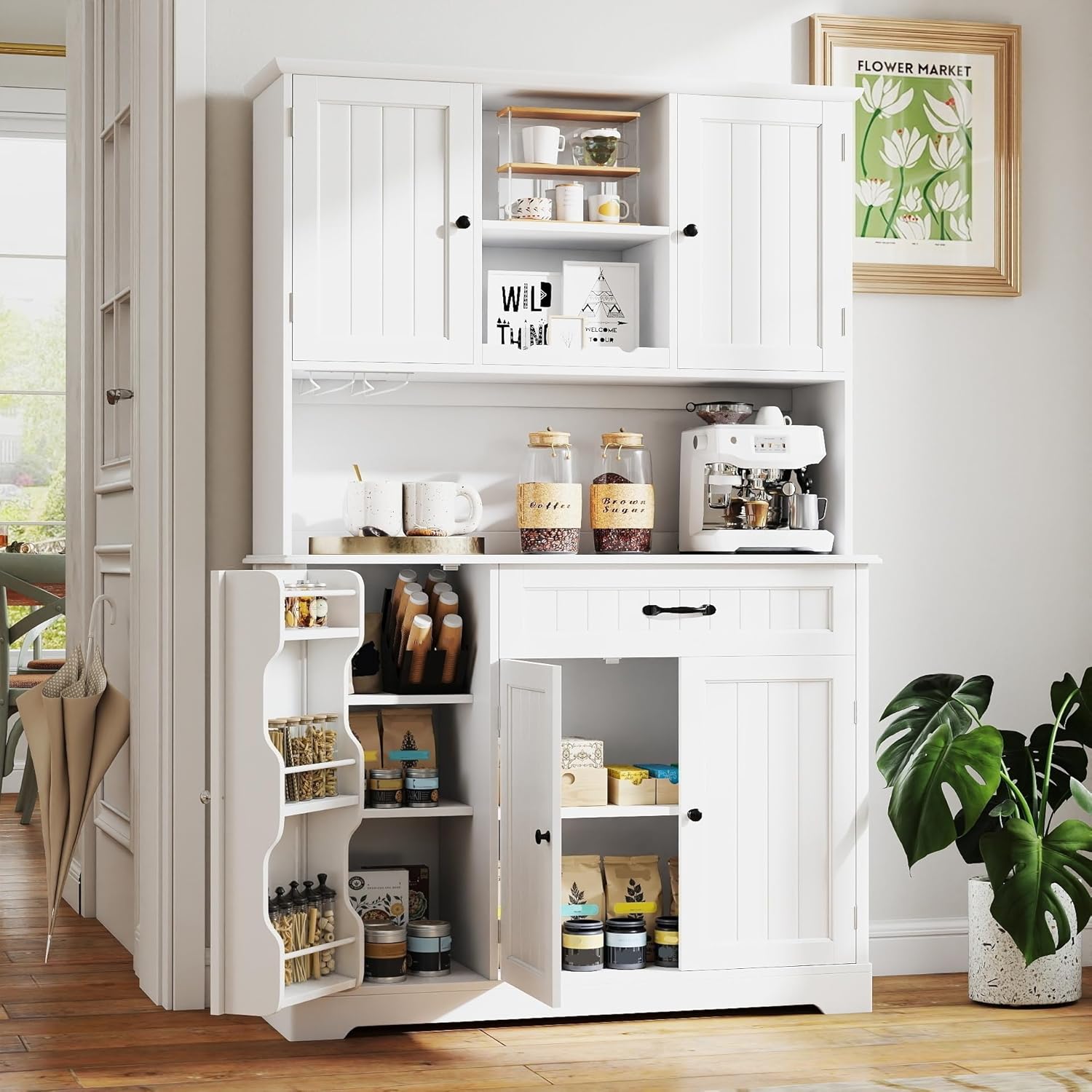 Gizoon 67 in Kitchen Storage Cabinet with Door and Shelves, Kitchen Pantry Cabinet Tall Coffee Bar Hutch with Storage for Dining Room, Painted White