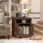 Farmhouse End Table with Mesh Barn Door,24" Large Sofa Side Table with Adjustable Storage Shelf, Nightstand with Outlet,Storage Cabinet and Water-Resistant Finish for Living Room, Bedroom, Brown