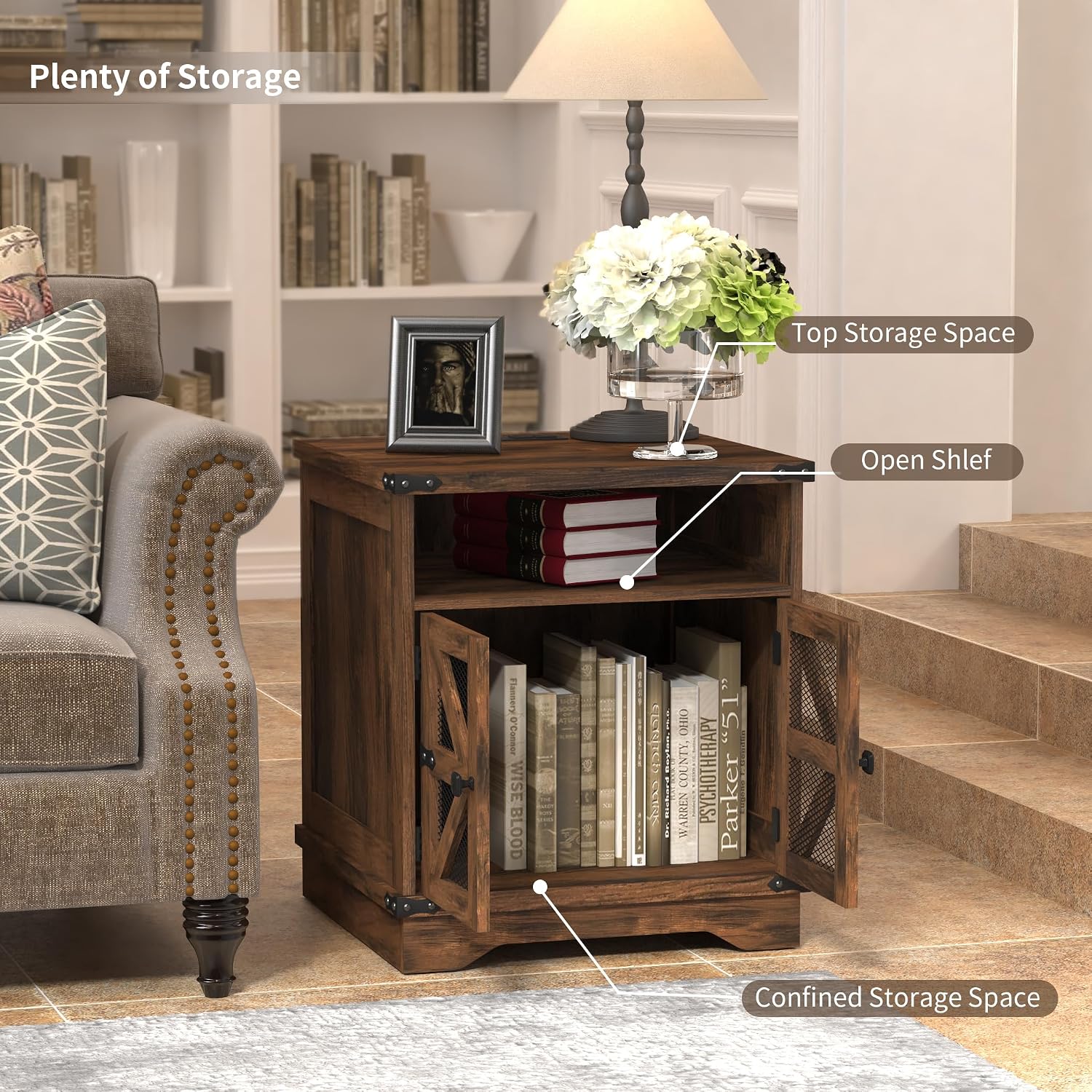 Farmhouse End Table with Mesh Barn Door,24" Large Sofa Side Table with Adjustable Storage Shelf, Nightstand with Outlet,Storage Cabinet and Water-Resistant Finish for Living Room, Bedroom, Brown