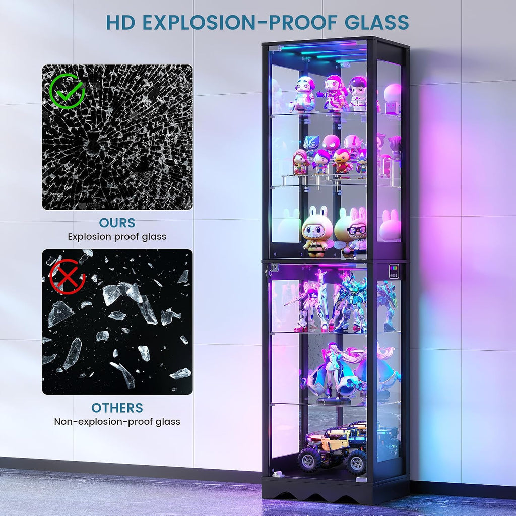 Dystler Display Cabinet with Glass Doors, 6 Tier RGB Lights Curio Cabinet | Adjustable Shelves, Human Sensor Lighting, Modern LED Display Case for Collectibles, Black