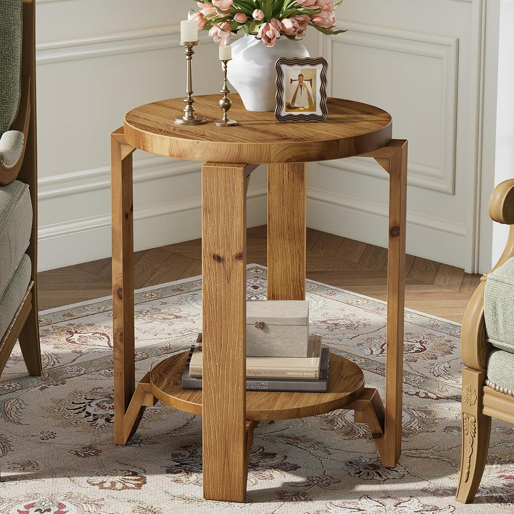Solid Wood End Table, 2-Tier Round Wood Side Table for Living Room, Farmhouse Circle Nightstand with Storage for Bedroom, Couch, Small Spaces, Easy Assembly, Rustic Brown