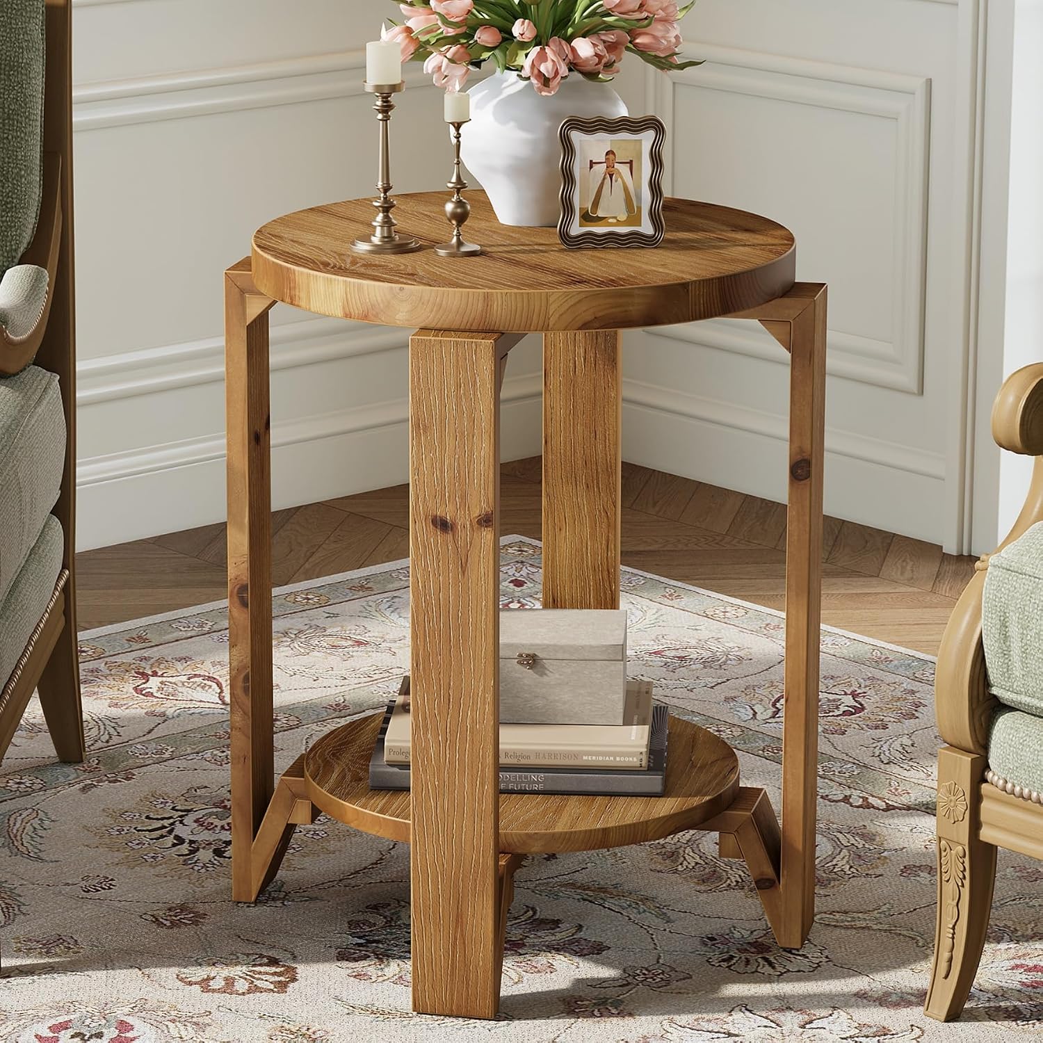 Solid Wood End Table, 2-Tier Round Wood Side Table for Living Room, Farmhouse Circle Nightstand with Storage for Bedroom, Couch, Small Spaces, Easy Assembly, Rustic Brown
