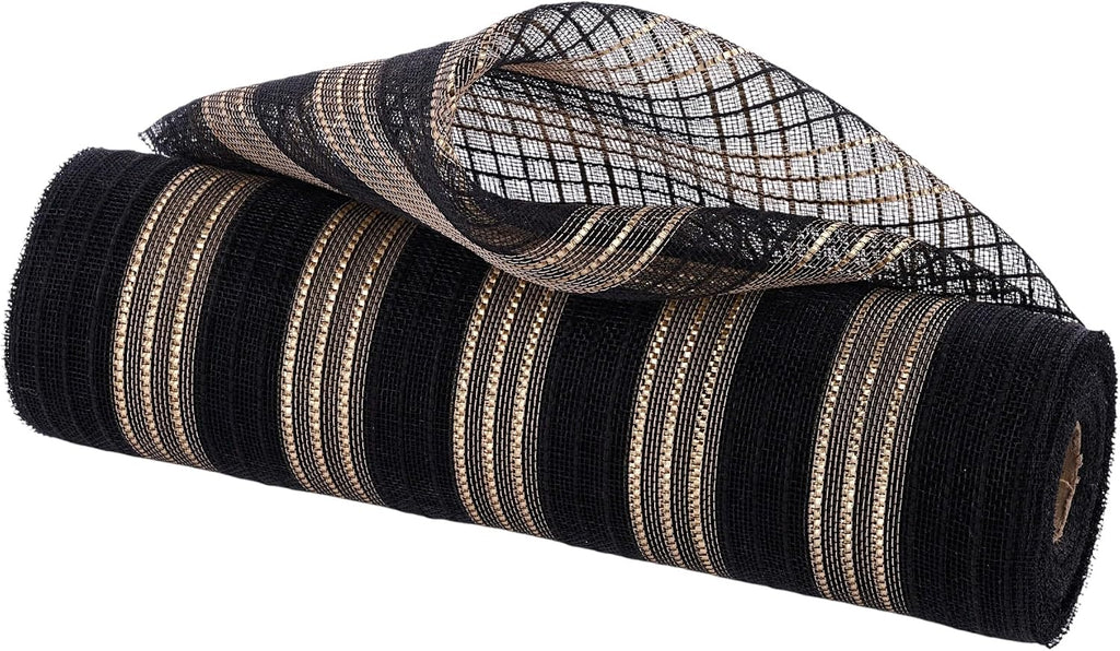 Deco Poly Mesh 10.25" Fine Weave Metallic and Jute for Wreaths, Crafts, and Holiday Decorations (Black, Gold, 10.25" x 10 Yards)
