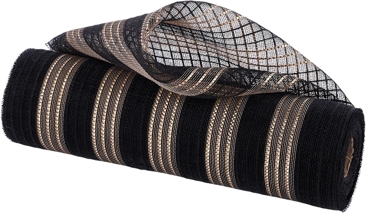Deco Poly Mesh 10.25" Fine Weave Metallic and Jute for Wreaths, Crafts, and Holiday Decorations (Black, Gold, 10.25" x 10 Yards)