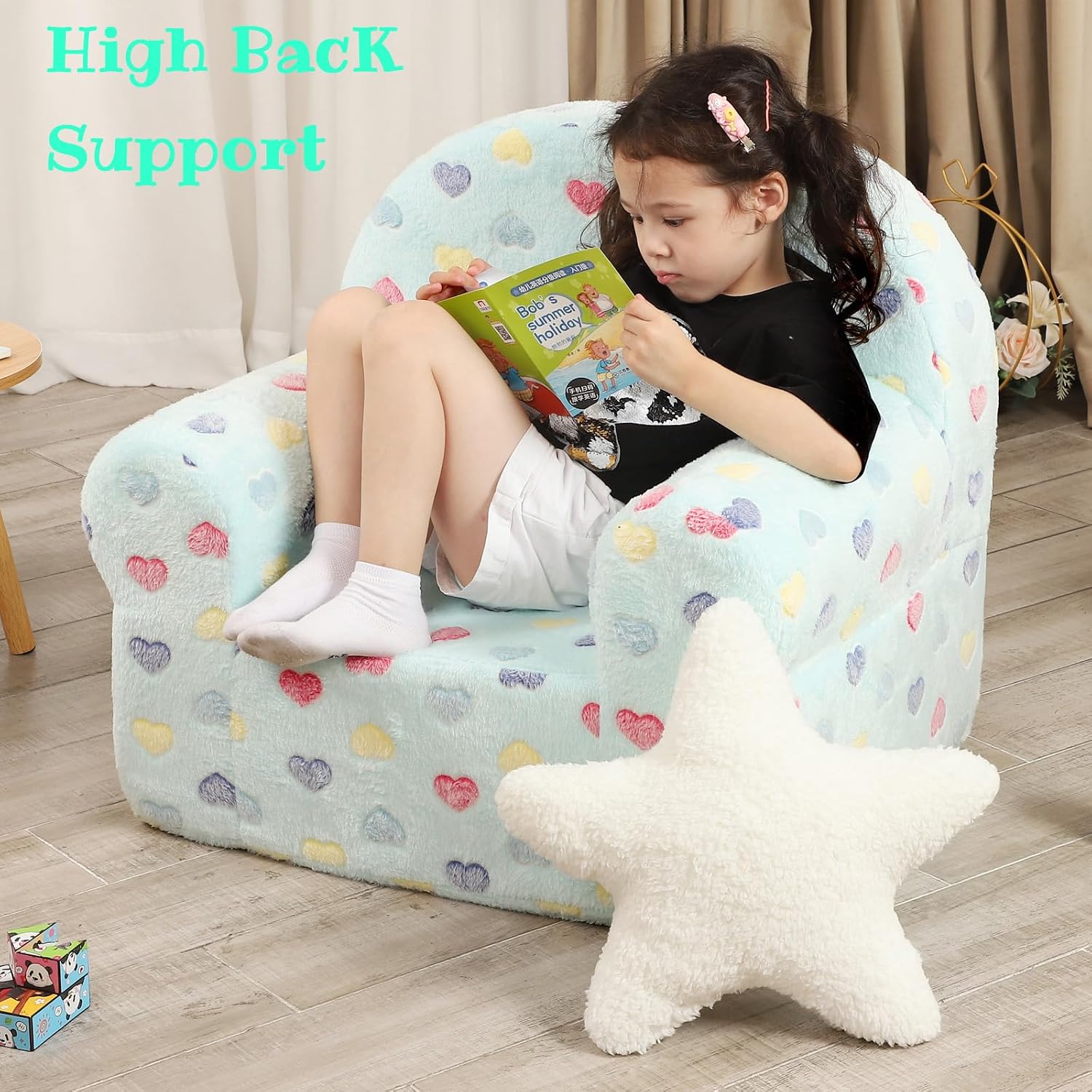 MOMCAYWEX Colorful Heart Kids Sofa with Star Throw Pillow, High Back Toddler Chair Glow in The Dark for Boys and Girls, Lake Blue