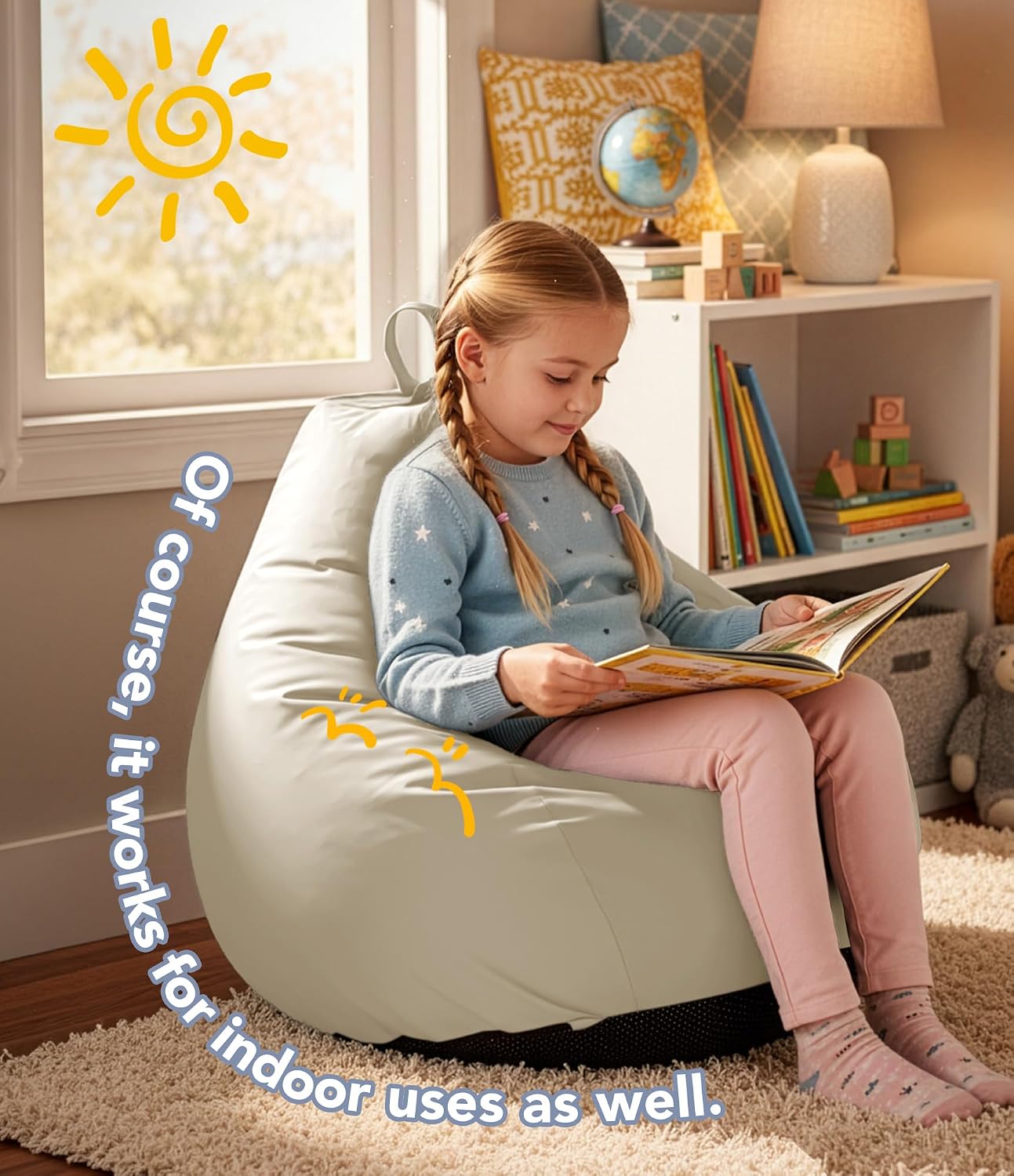 Outdoor Kids Bean Bag Chair with Shredded Foam Filling, Beige | For Patio Classroom Relaxing, Splash-Proof Detachable Zipper Cover with a Handle, Small Child Beanbag Reading Sofa Chair