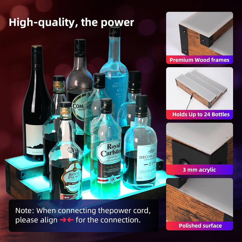2-Pack 16‘’ LED Lighted Liquor Display, 3-Tier 32Inch Total Bar Shelves for Liquor Bottle, Illuminated Home Bar Shelf with RF & App Control, 7 Colors, Music Sync& 1-4H Timming, Light-Up Whiskey Rack