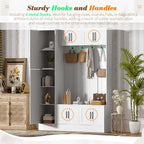 Merax Farmhouse Wood Hall Tree with Shoe Bench & 6 Cabinets, 4-in-1 Coat Rack with 4 Hooks & Adjustable Shelves, Entryway Storage Organizer Cabinet for Entrance, Hallway, Mudroom White