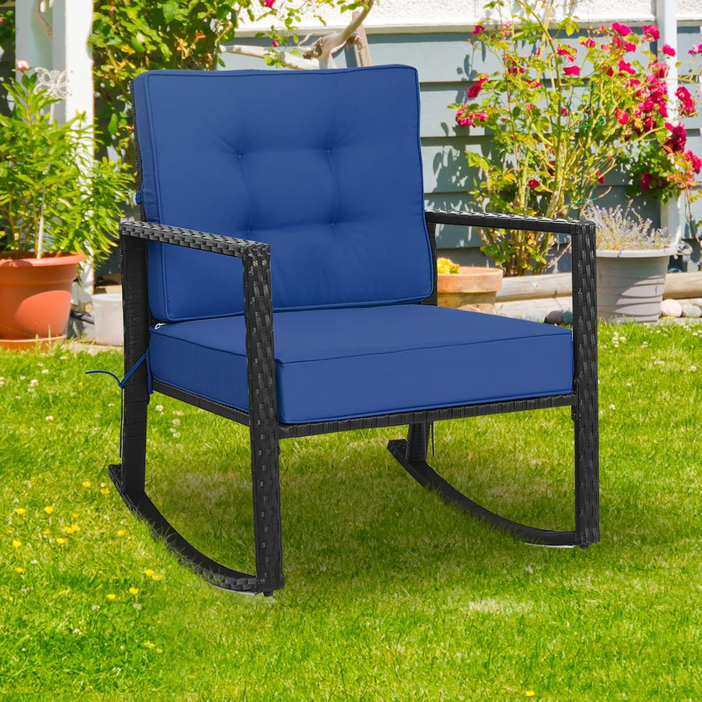 Tangkula Wicker Rocking Chair, Outdoor Glider Rattan Rocker Chair with Heavy-Duty Steel Frame, Patio Wicker Furniture Seat with 5” Thick Cushion for Garden, Porch, Backyard, Poolside (1, Blue)