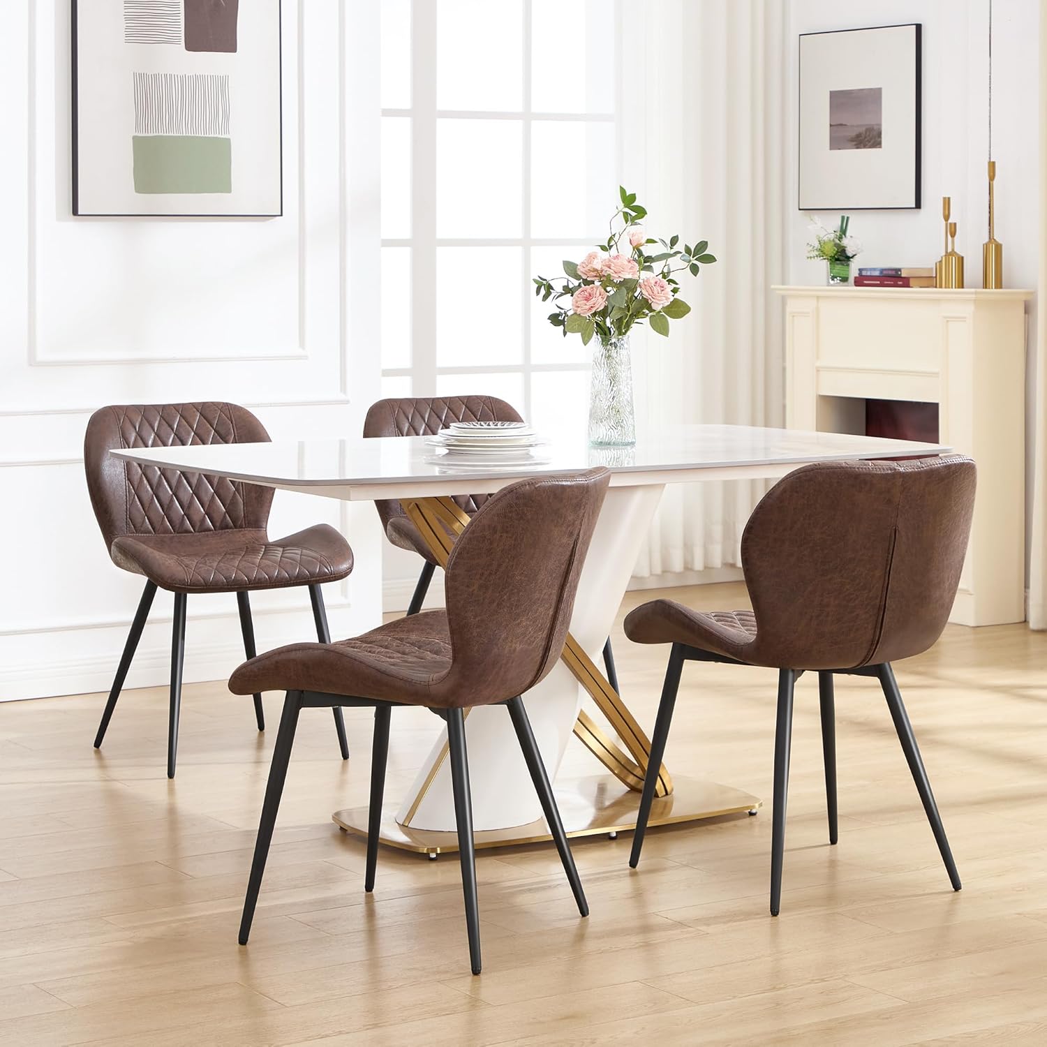 Dining Chairs Set of 4, Comfy Modern Dining Chairs with Thick Cushions, Upholstered Fabric Kitchen Side Chairs with Adjustable Metal Legs for Dining Room (Brown)