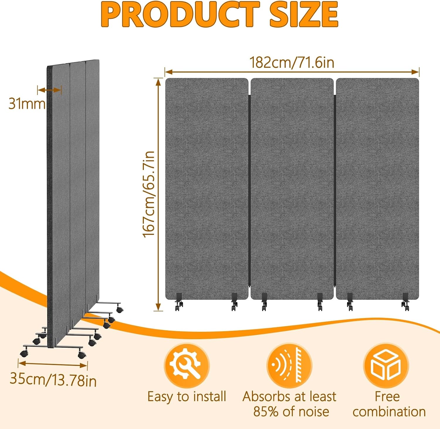 Soundproof Room Divider 3 Panels Rolling Room Divider with Wheels,Office Partitions Portable Wall, Freestanding Folding Partition Privacy Screens for Home, Office,Bedroom,Hospital,72x66in Dark Gray