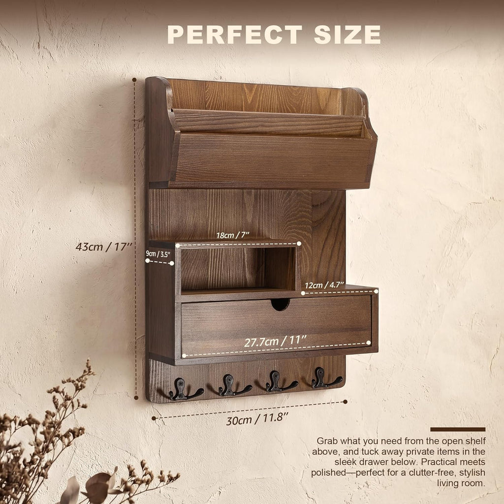 Rebee Vision Pine Wood Key Holder Wall Mount with Drawer Organizer – Farmhouse Key Holder for Wall with Mail Organizer & 4 Hooks – Perfect for Retro Home Decor(Brown)