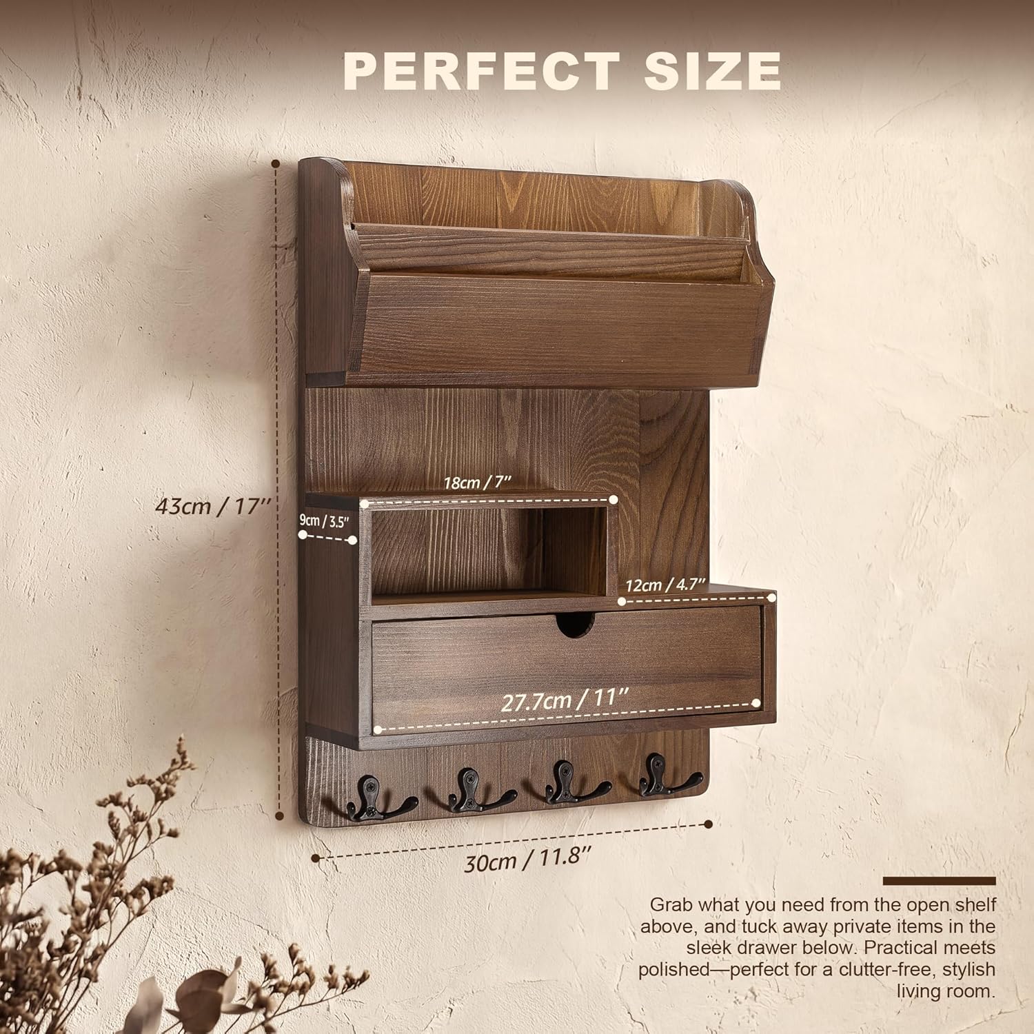 Rebee Vision Pine Wood Key Holder Wall Mount with Drawer Organizer – Farmhouse Key Holder for Wall with Mail Organizer & 4 Hooks – Perfect for Retro Home Decor(Brown)