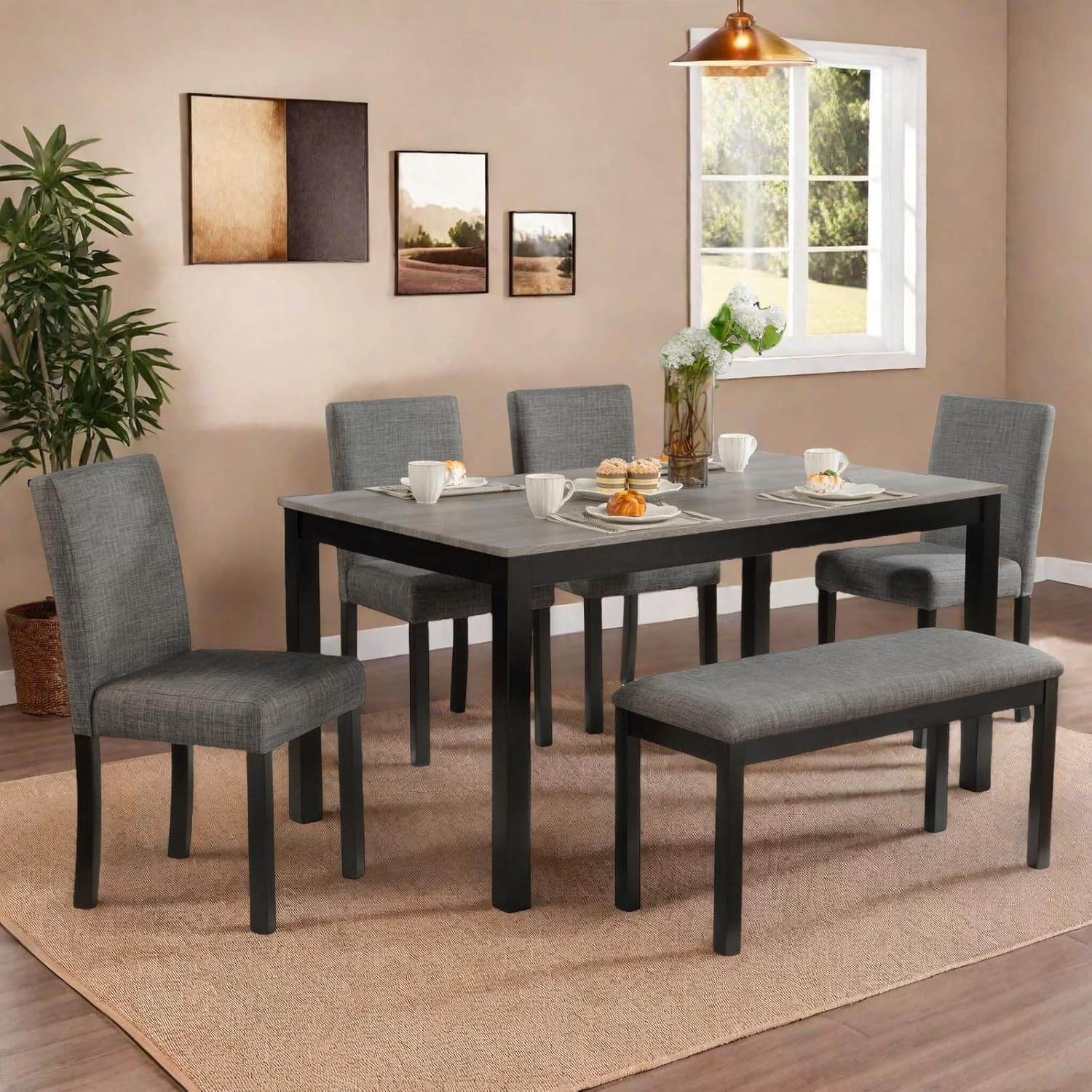 Dining Table Set for 5, Modern 6 Piece Dining Room Table Set with Rectangular Table 4 Upholstered Backrest Chairs and a Bench, Counter Height Kitchen Sets with Wood Grain Surface, Black