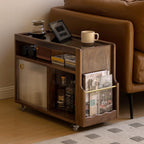 Solid Wood Narrow Side Table with Storage, End Table with Magazine Rack & Glass Door Cabinet, Small Couch Side Table for Living Room, Slim Nightstand for Bedroom, No Assembly