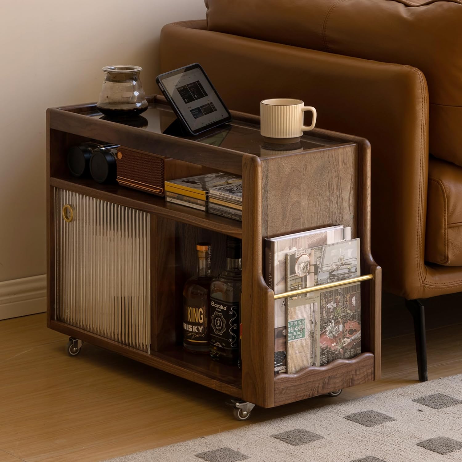 Solid Wood Narrow Side Table with Storage, End Table with Magazine Rack & Glass Door Cabinet, Small Couch Side Table for Living Room, Slim Nightstand for Bedroom, No Assembly