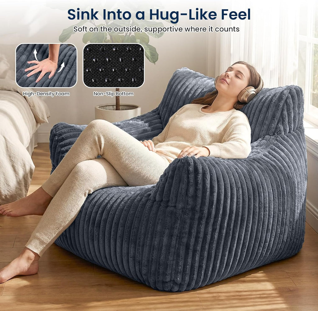 Giant Bean Bag Chair for Adults, Fluffy Supportive Boneless Lounge Sofa Chair, Superior Large Reading Floor Stuffed Sofa Bed, Oversized Accent Comfy Couch for Living Room, Bedroom, Study, Dorm (Grey)