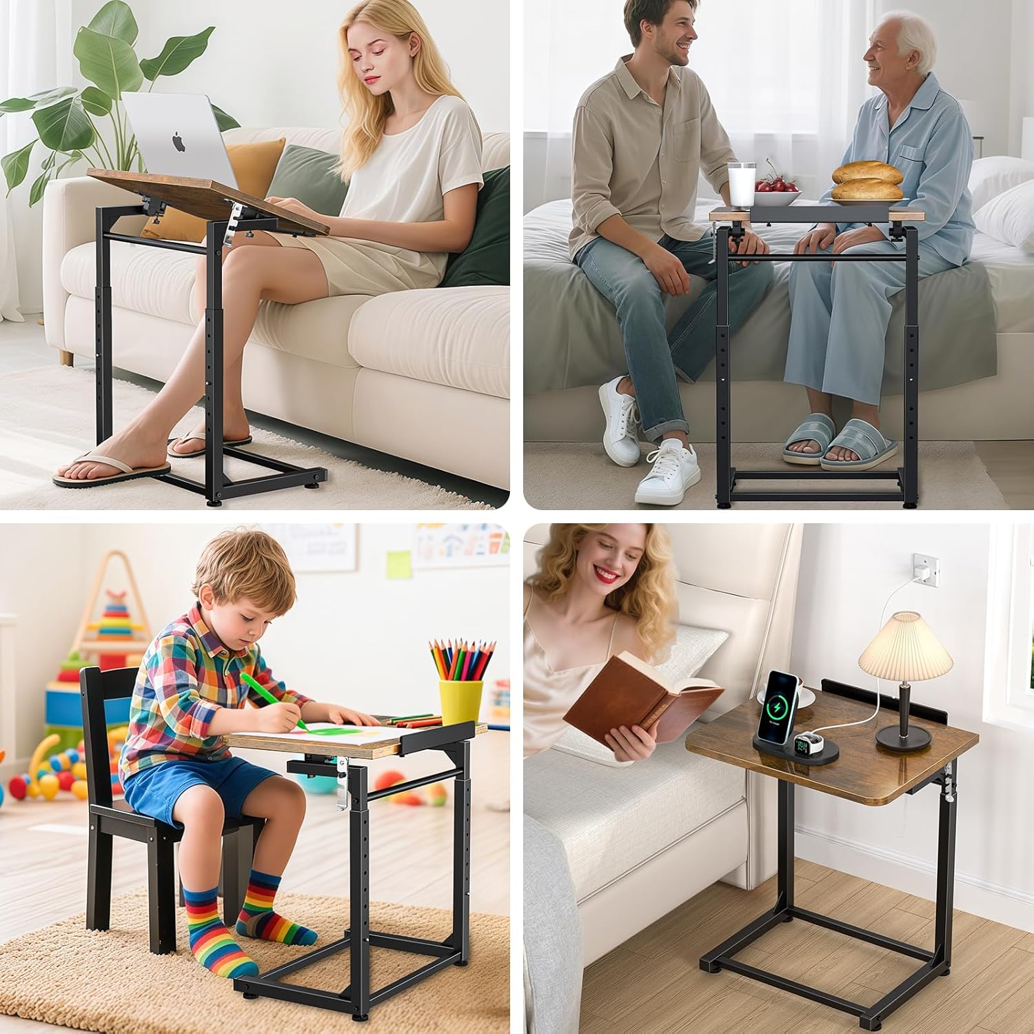 Upgrade Tv Tray Table Set of 2, 8-Level Adjustable Height Couch Side Table, 90° Tilt Angle Foldable C-Shaped End Table with Phone & Tablet Slot Sofa Computer Desk for Couch,Sofa,Bed,Chair,Living Room