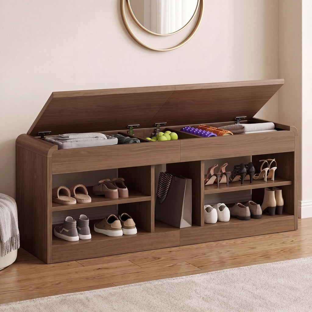 Shoe Storage Bench, 47.2in Entryway Bench with Flip-Open Storage Box, 2 Tier Shoe Rack Organizer with Shelf, Entryway Cabinet for Hallway Living Room Bedroom, Walnut