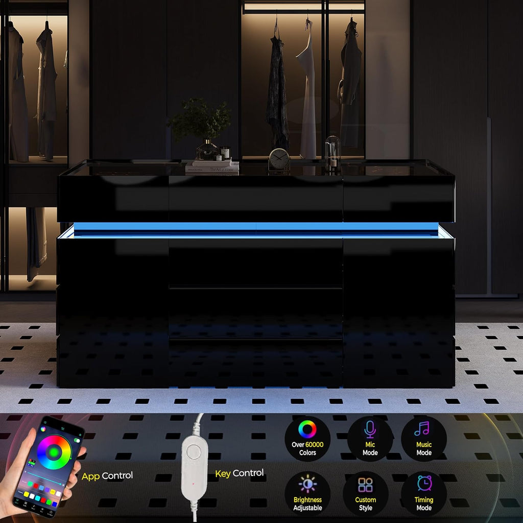Luxury Glossy Closet Island with 16 Drawers, Modern LED Wardrobe Armoire Island with Glass Top, Luxury Walk-in Closet Island for Cloakroom (Black)