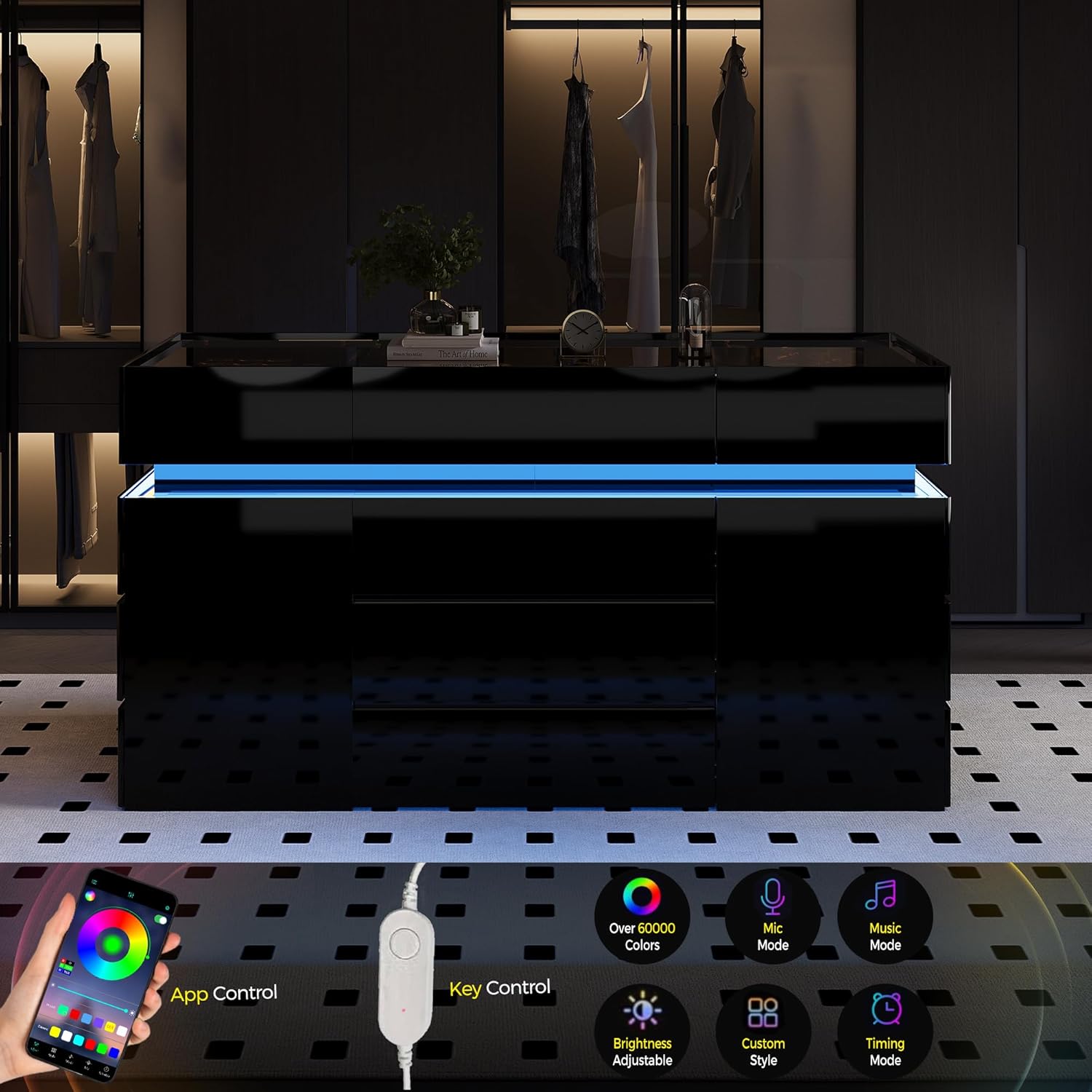 Luxury Glossy Closet Island with 16 Drawers, Modern LED Wardrobe Armoire Island with Glass Top, Luxury Walk-in Closet Island for Cloakroom (Black)