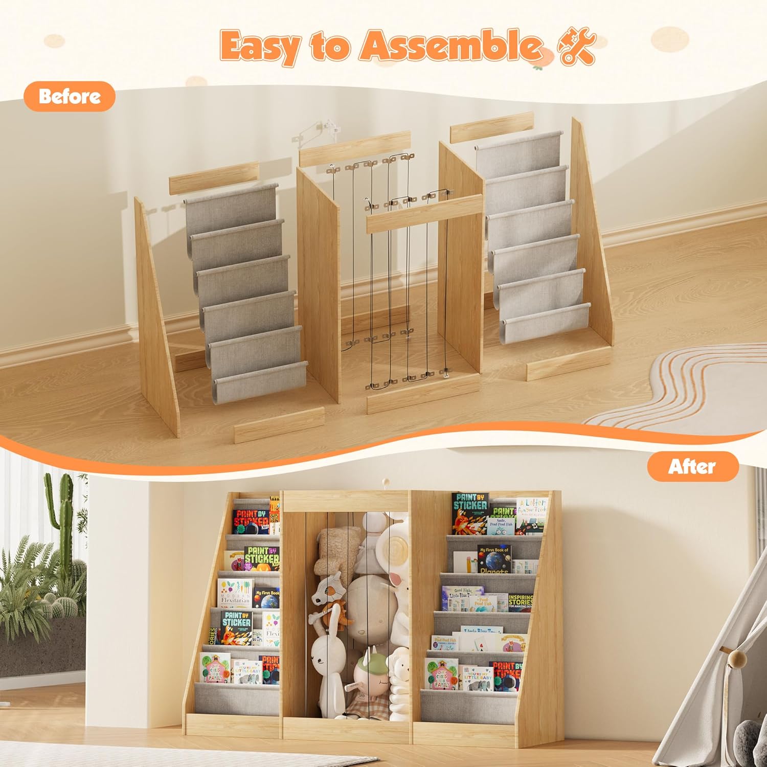 NACHES Montessori Kids Bookshelf with Toy Storage, Extra Book Display Shelves for Toddlers, Front-Facing Book Organizer for Nursery Playroom Bedroom (Natural Wood)