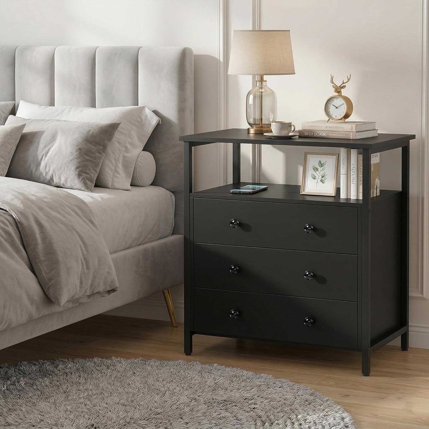 Edbuosy 27" Wide Nightstand with Charging Station & 3 Drawer, Black | Small Dresser for Closet, 2 AC Outlets & 2 USB Ports, Open Shelf, Adjustable Feet, Wood Nightstand for Living Room or Bedroom