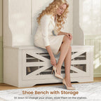 Itaar Hall Tree with Bench and Shoe Storage, 5-in-1 Entryway Bench with Coat Rack, 10 Shoe Cubbies & 9 Coat Hooks, Barn Door & Adjustable Shelf (Embossed White)