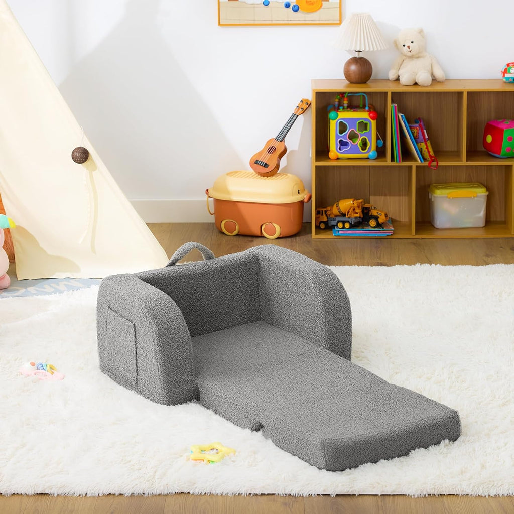Toddler Couch, 2-in-1 Toddler Chairs Comfy 1-3 Years Old, Toddler Chair for Girls and Boys, Kids Couch Bed Fold Out, Convertible Baby Sofa to Lounge Chair for Playing, Reading, Napping, Grey